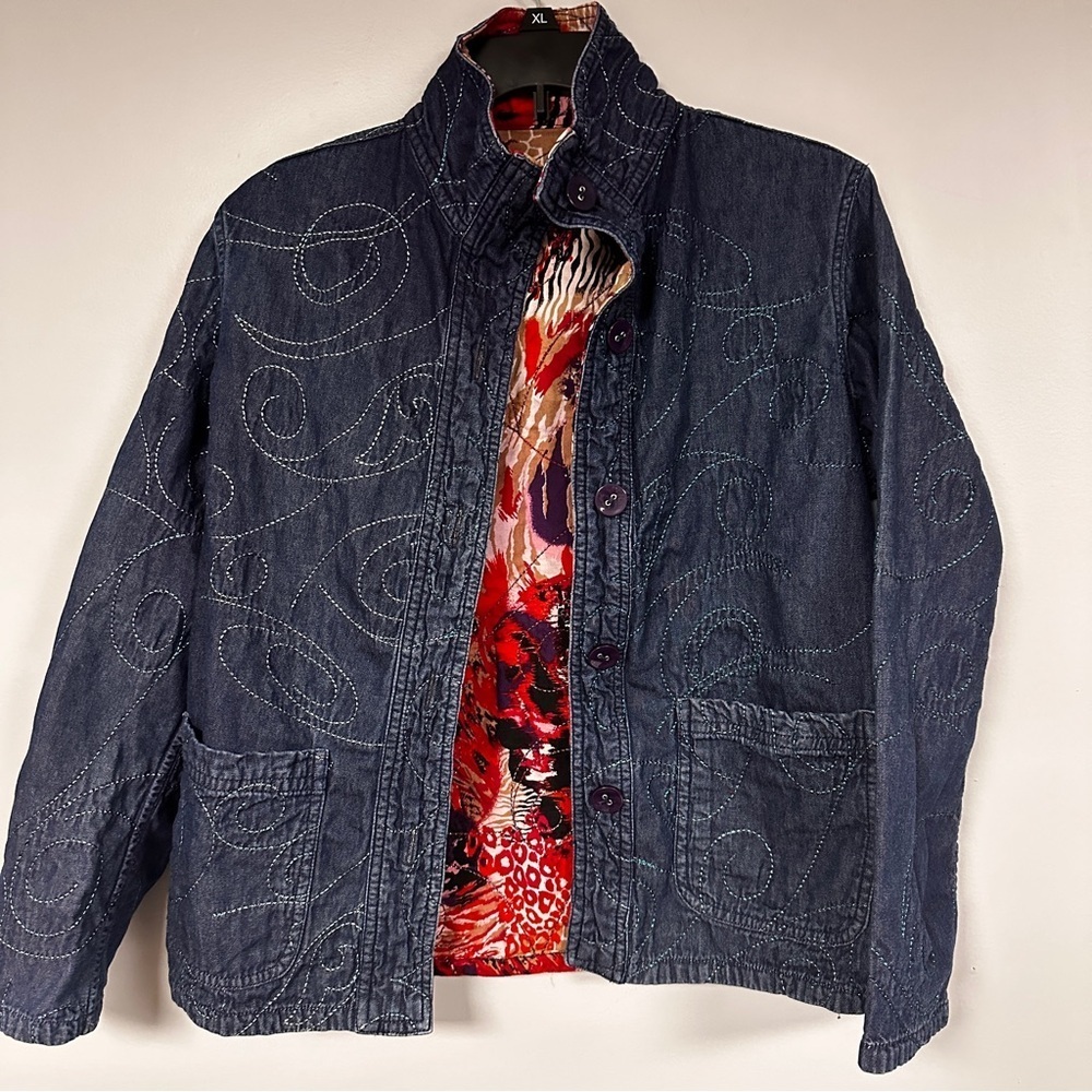 Casual Studio Reversible Jacket Womens Denim Embellished Colorful Boho Artsy, S
